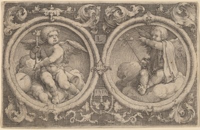 Zwei Amoretten auf Wolken in zwei Kreisen sitzend von Lucas van Leyden