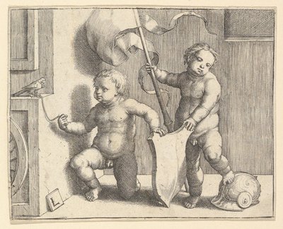 Zwei nackte Kinder, die ein leeres Schild halten von Lucas van Leyden
