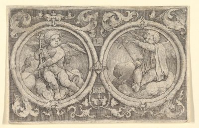 Zwei Putti, die in Wolken in Kreisen mit Ranken sitzen, 1517 von Lucas van Leyden