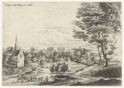 Ansicht eines Dorfes mit einem Planwagen von Lucas van Uden