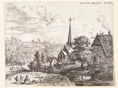Dorf an einem Fluss, im Vordergrund drei Figuren von Lucas van Uden