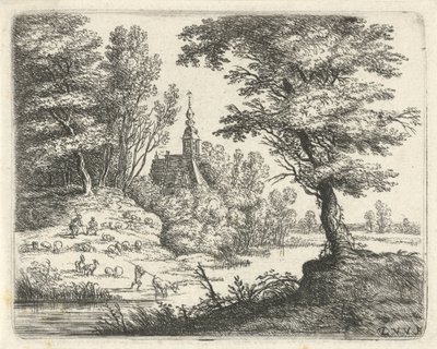 Landschaft mit Hirten und Vieh an einem Fluss von Lucas van Uden