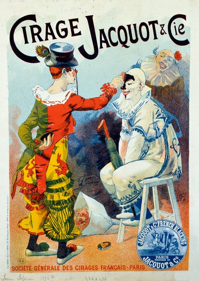 Werbung für Jacquot-Politur. Zwei Clowns schminken sich mit Politur. Zeichnung von Lucien Lefevre (1850-?). 1894 Paris. Arts Decoratifs - Werbung für Wachs Jacquot: Zwei Clowns schminken sich mit Schuhpolitur, von Lucien Lefevre von Lucien Lefevre