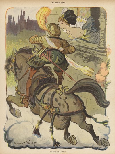 Reiter steht in seinen Steigbügeln, um einen Kuss von einer Dame zu empfangen, während er an ihr vorbeireitet von Lucien Metivet