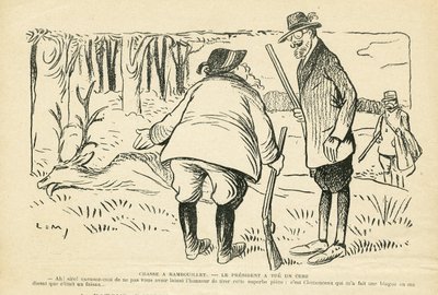 Illustration in Le Rire, 05/12/08 - Jagd in Rambouillet - Natur Vegetation, Jagd Jäger, Präsident der Republik, Rambouillet - Clemenceau Georges, Fallieres Armand (1841-1931), Hirsch von Lucien Metivet
