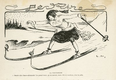 Illustration in Le Rire, 24/02/12 - La pax-tineuse - Deutschland Preußen, Sport, Frieden, Ski, Schnee, deutsch-französische Beziehungen, Erster Weltkrieg - Marianne - Sport, Allegorie (Gravur) von Lucien Metivet
