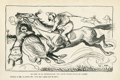Illustration in Le Rire, 28/06/13 Der Schlag der Suffragette, von dieser kleinen Verrückten Jaures (Gravur) von Lucien Metivet