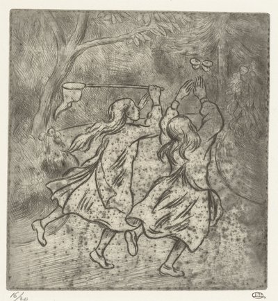 Twee meisjes aan het vlinders vangen von Lucien Pissarro