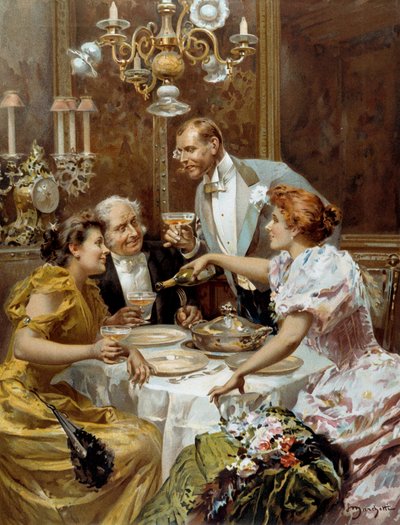 Schöne Zeit: „Das feine Abendessen“ Zwei Paare in einer privaten Lounge trinken Champagner. Illustration von Ludovico Marchetti (1853-1909) 1893 Private Sammlung von Ludovico Marchetti