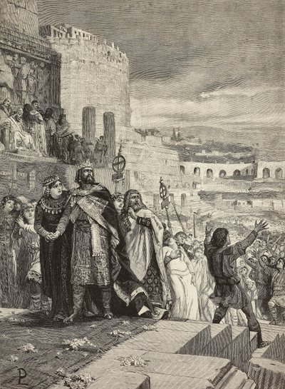 Hochzeit von Ugo und Marozia, Hochzeitsprozession in Anwesenheit des Papstes, Gravur von E. Mancastroppa nach einem Gemälde von Lodovico Pogliaghi, aus L