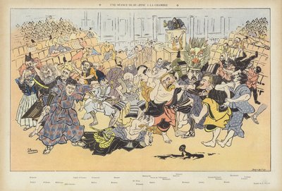 Eine Ju-Jitsu-Sitzung im Parlament. Illustration für Le Rire von Ludwig Braun