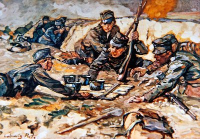 Verpflegung der österreichischen Schützengräben unter Beschuss durch russische Artillerie von Ludwig Putz