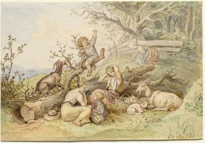 Kinder und Ziegen ruhen an einem gefällten Baum von Ludwig Richter