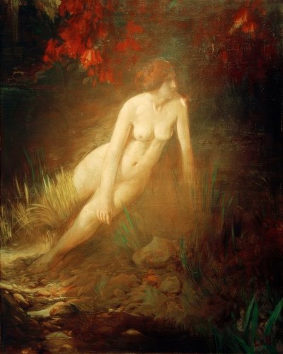Weiblicher Akt an felsigem, mit Blumen bewachsenem Ufer von Ludwig von Hofmann