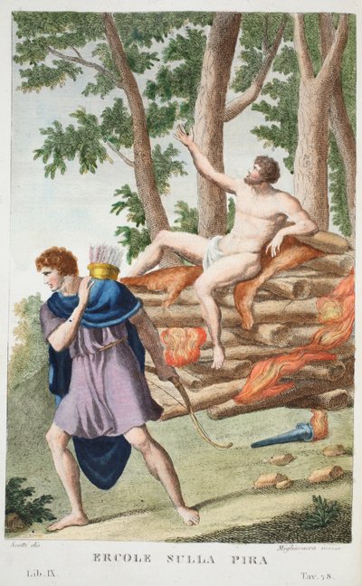 Herkules auf dem Scheiterhaufen, Buch IX, Illustration aus Ovids Metamorphosen, Florenz, 1832 von Luigi Ademollo