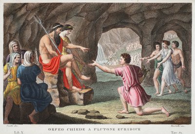 Orpheus in der Unterwelt oder Orfeo Chiede a Plutone Euridice, Buch X, Illustration aus Ovids Metamorphosen, Florenz, 1832 von Luigi Ademollo