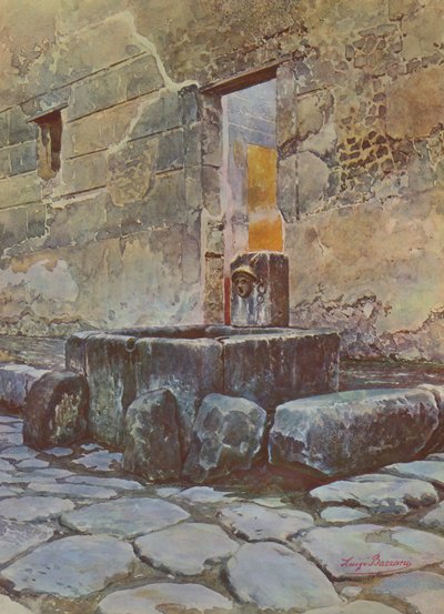 Pompeji: Via di Mercurio, Brunnen mit dem Emblem des Merkur von Luigi Bazzani