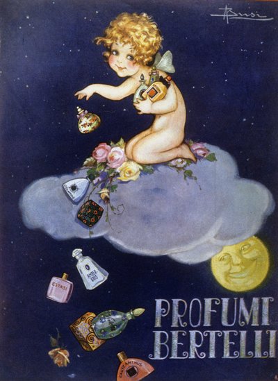 Werbung für Bertelli-Düfte. Illustration von Brisi (Busi) von Luigi Busi