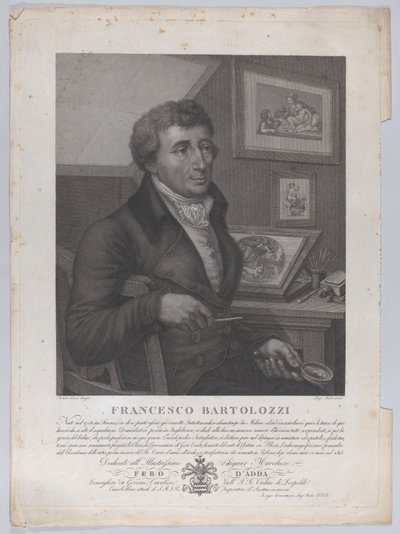 Porträt von Francesco Bartolozzi, sitzend, mit einer Lupe und einem Druckwerkzeug, 1827 von Luigi Rados