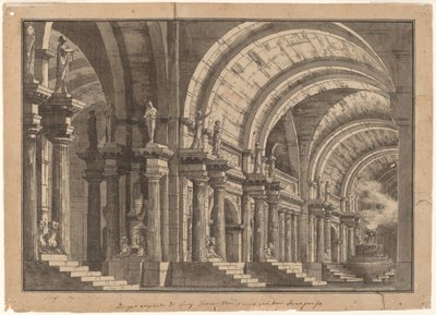 Eine monumentale gewölbte Halle mit einem rauchenden Altar von Luigi Tasca