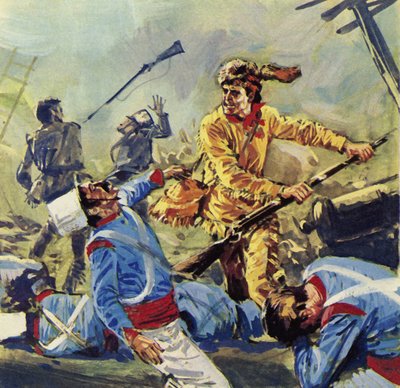 Davy Crockett fiel schließlich den unaufhörlichen mexikanischen Angriffen zum Opfer (Farblithografie) von Luis Arcas Brauner