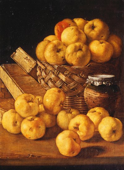 Äpfel in einem Korb, ein Krug und Gewürzdosen auf einem Tisch von Luis Egidio Melendez