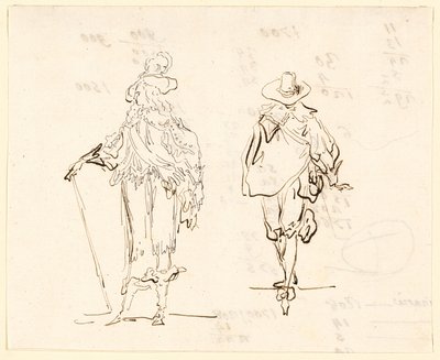 Zwei Figuren, eine im französischen Louis XIII-Stil und die andere im spanischen Stil des 17. Jahrhunderts gekleidet von Luis Paret y Alcazar