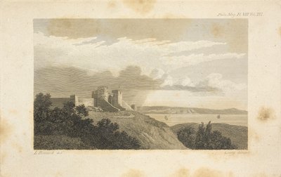 Ein ferner Schauer kommt hinter einem erhöhten Landpunkt hervor, in dem das obere Blatt in verschiedenen Teilen nach Luv streckt und Kumuluswolken auf die Masse zu und in sie eintreten, was insgesamt die Nimbuswolke bildet. von Luke Howard
