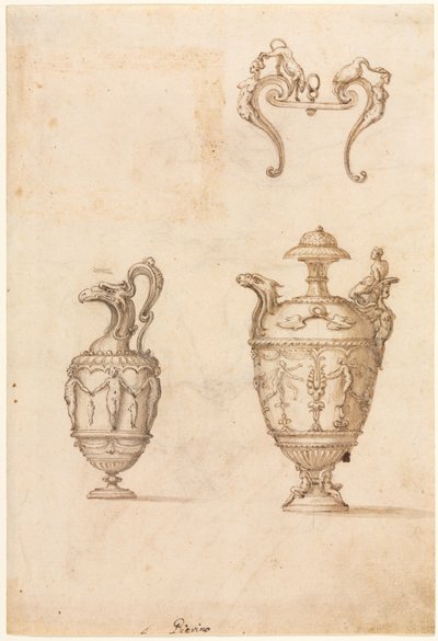 Entwurf für zwei Vasen und ein Ornament recto, Mitte 1500er von Luzio Romano