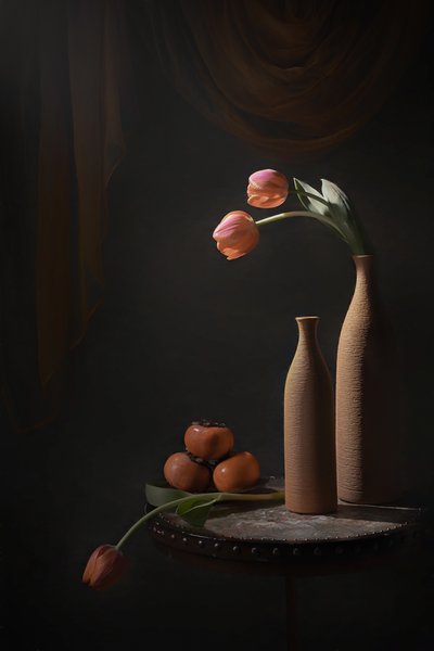 Stimmungsvolle Tulpen und Früchte von Lydia Jacobs
