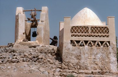 In der Wüste, ein Oasen-Wasserplatz mit einem Brunnen bei Husn Al-Muttahar südlich von Tarin, Jemen. von Lynn Abercrombie