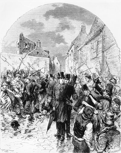 Unruhen in Irland - Ein katholischer Priester wird von der Polizei in Mullingar verhaftet und von den Menschen gerettet, aus Le Monde Illustré, 25. Juni 1881 von M. Ferdinandus