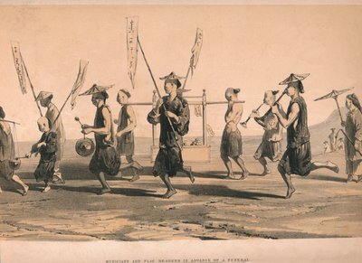 Musiker und Fahnenträger vor einem Begräbnis von M and N Hanhart