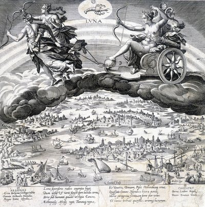 Luna: Allegorie des Mondes (Diana) und des Skorpions, der unter ihrem Einfluss steht (Sternzeichen) - Gravur von Maaerten de Vos (Martin de Vos, Marten de Vos) (1532-1603), n.d. von Maarten de Vos