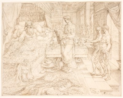 Ahasverus, als er nicht schlafen konnte, konsultiert die Aufzeichnungen von Maarten van Heemskerck