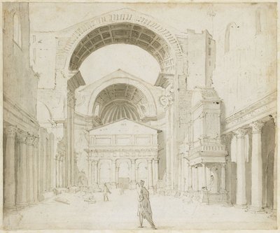Innenansicht des Langhauses von Alt-St. Peter mit Ausblick auf den Neubau von Maarten van Heemskerck