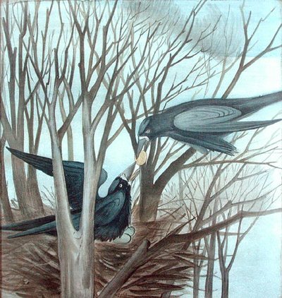 Zwei Saatkrähen, die in einem Baum fressen von Madeline Wyndham