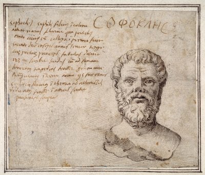Antike Büste des Sophokles, annotiert, nach Fulvio Orsini von Maerten van Heemskerck