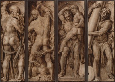Saturn verschlingt ein Kind; Herkules tötet die Hydra; Herkules hebt Antäus; Herkules errichtet die Säulen von Calpe und Abyla von Maerten van Heemskerck