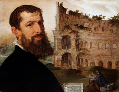 Selbstporträt des Malers mit dem Kolosseum im Hintergrund, 1553 von Maerten van Heemskerck