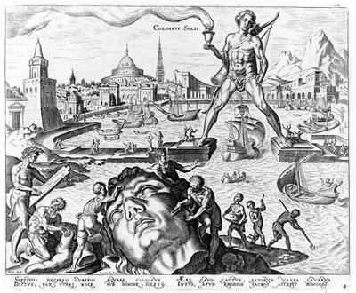 Der Koloss von Rhodos, Tafel 4 aus Die Acht Weltwunder, graviert von Philips Galle, 1572 von Maerten van Heemskerck