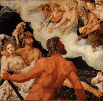 Vulkan fängt Venus und Mars in einem Netz und zeigt sie den lachenden Göttern von Maerten van Heemskerck