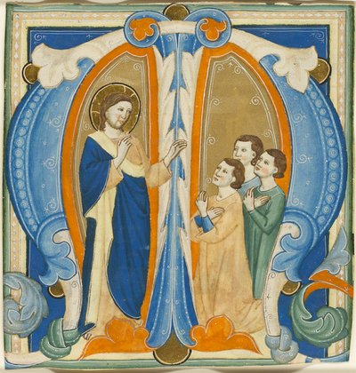 Christus segnet drei junge Männer, Initiale M aus einem Graduale von Maestro Daddesco
