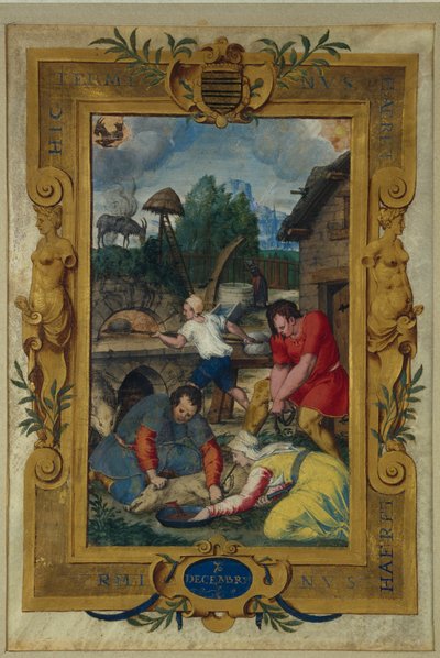 Kalenderseite für Dezember, Schweineschlachtung, aus einem Stundenbuch, ca. 1550-60 von Maitre des Heures de Claude Gouffier