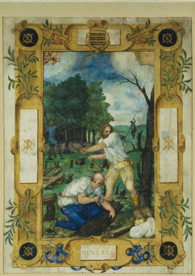 Kalenderseite für November, Baumfällen, aus einem Stundenbuch, ca. 1550-60 von Maitre des Heures de Claude Gouffier