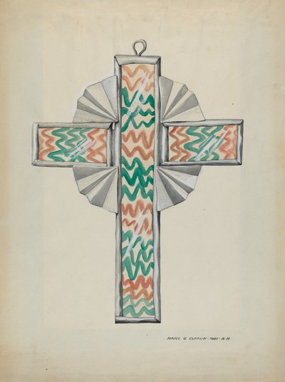 Zinn- und bemaltes Glas-Kreuz, ca. 1937 von Majel G. Claflin