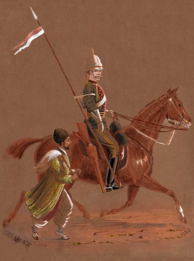 Reiter der 9. Lancers reitet, mit einem afghanischen Soldaten, der neben seinem Pferd läuft von Major General R.G. Woodthorpe