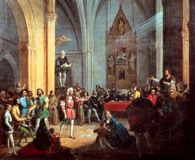 Christoph Kolumbus bei der Verlesung der königlichen Pragmatik, Detail eines Gemäldes von Manuel Cabral y Aguado Bejarano. 19. Jahrhundert von Manuel Cabral y Aguado Bejarano