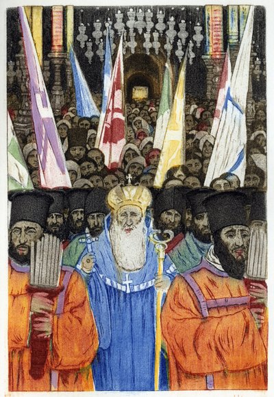 Jüdisch-orthodoxe Zeremonie in Jerusalem. Gravur von Manuel Orazzi (1860-1934), in „L