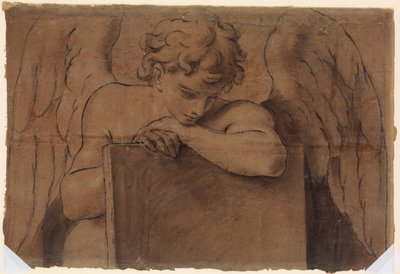 Karikaturfragment für jugendlichen Engel, der sich auf eine Tafel oder ein geschlossenes Buch stützt, ca. 1690-95 von Marc Antonio Franceschini